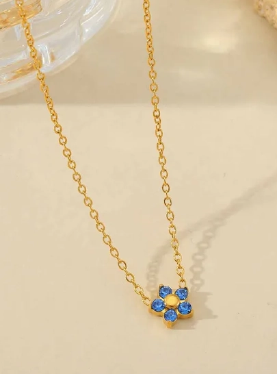Blue zircon flower necklace 316L anti tarnish stainless steel Necklaces
