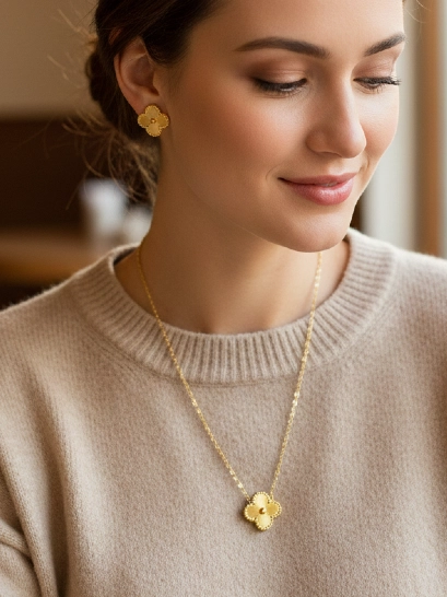 Clover chain set golden 316L anti tarnish stainless steel Necklaces