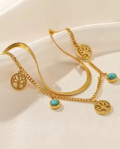 Double Chain Bracelet in Golden Tree and Torquoise Bead Charms 316L anti tarnish jewellery