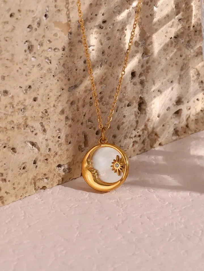 Gold Plated Stainless Steel Moon and Star Embedded in Pearl Enamel Necklace  316L anti tarnish stainless steel Necklaces