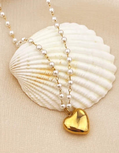 Gold plated stainless steel heart and pearl pendent necklace 316L anti tarnish stainless steel Necklaces