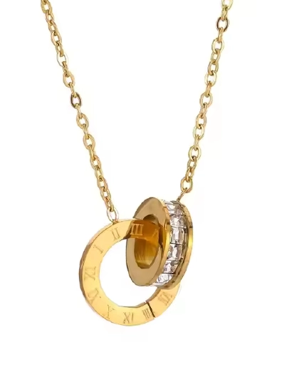 Golden Necklace with Roman Numerals and Cubic Zirconia circle pendent 316L anti tarnish stainless steel Necklaces