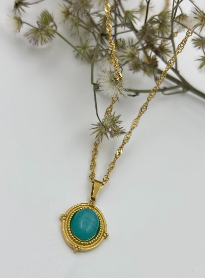 Golden Torquoise  Oval  pendent on Twist Chain Stainless steel 316L anti tarnish stainless steel Necklaces