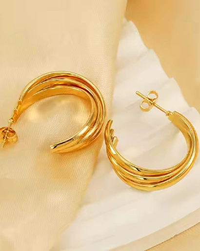 Golden Triple Hoop Earring Anti-tarnish 316L anti tarnish stainless steel Earrings
