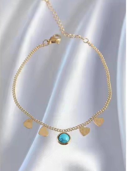 Golden  bracelet with heart and turquoise charms 316L anti tarnish stainless steel Bracelets