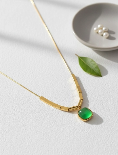 Green cushion necklace 316L anti tarnish stainless steel Necklaces