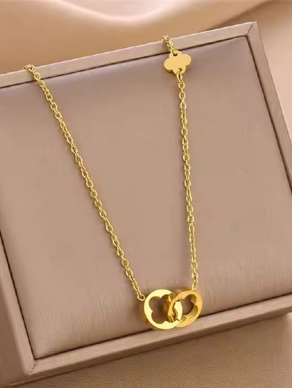 Hollow Stainless Steel Double Ring lucky clover Necklace 316L anti tarnish stainless steel Necklaces