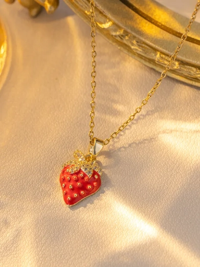 Red and gold strawberry necklace  316L anti tarnish stainless steel Necklaces
