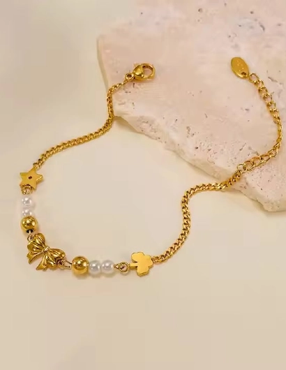 Stainless Steel Princess Bow Knot Pearl Loose Bracelet 316L anti tarnish stainless steel Bracelets